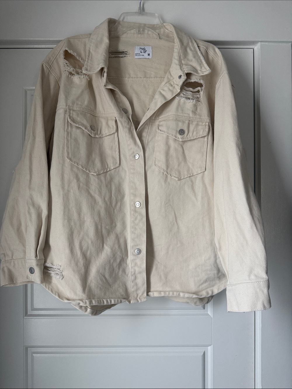 Distressed Cream Denim Shacket - Women's Jacket & Coat
